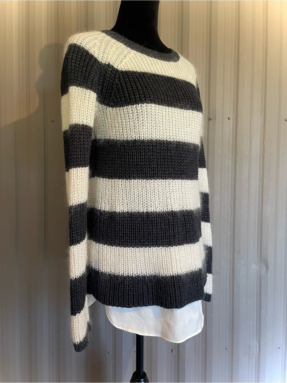 Ann Taylor Mohair & Wool Blend Layered Sweater Bold Stripe Slit Womens S SOFT